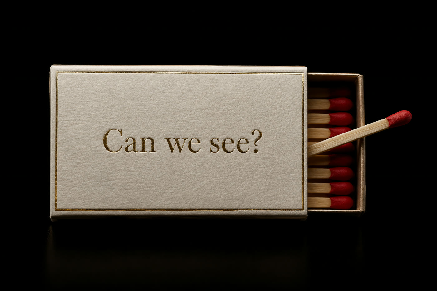 An open matchbox reading can we see with red-tipped matches