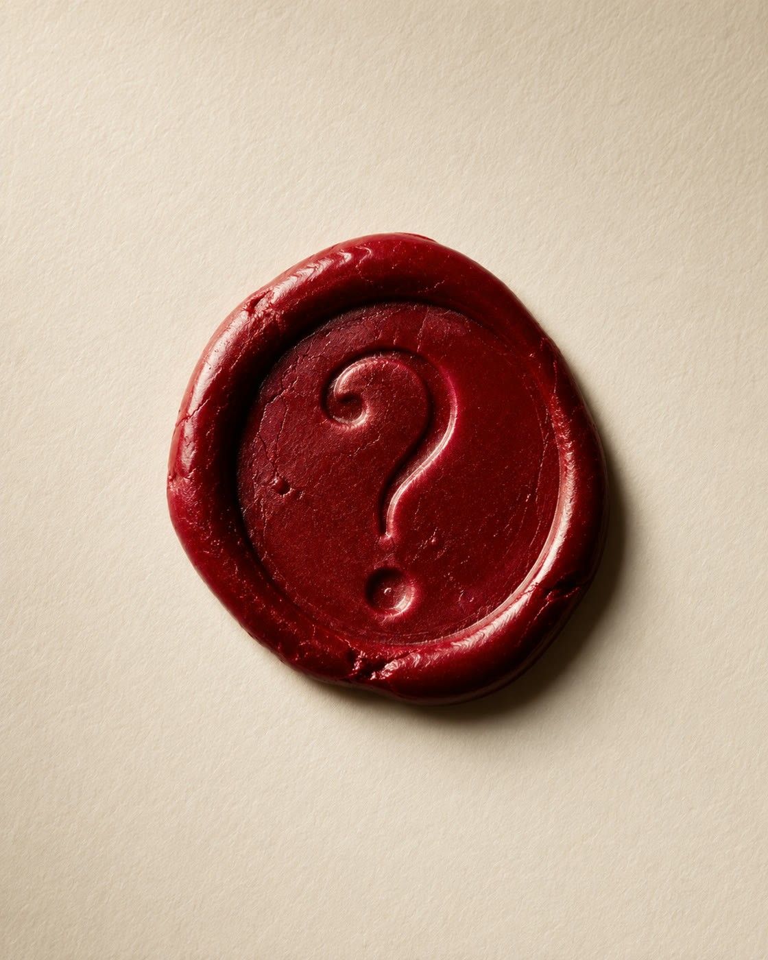 A deep-red wax seal stamped with a question mark on cream paper
