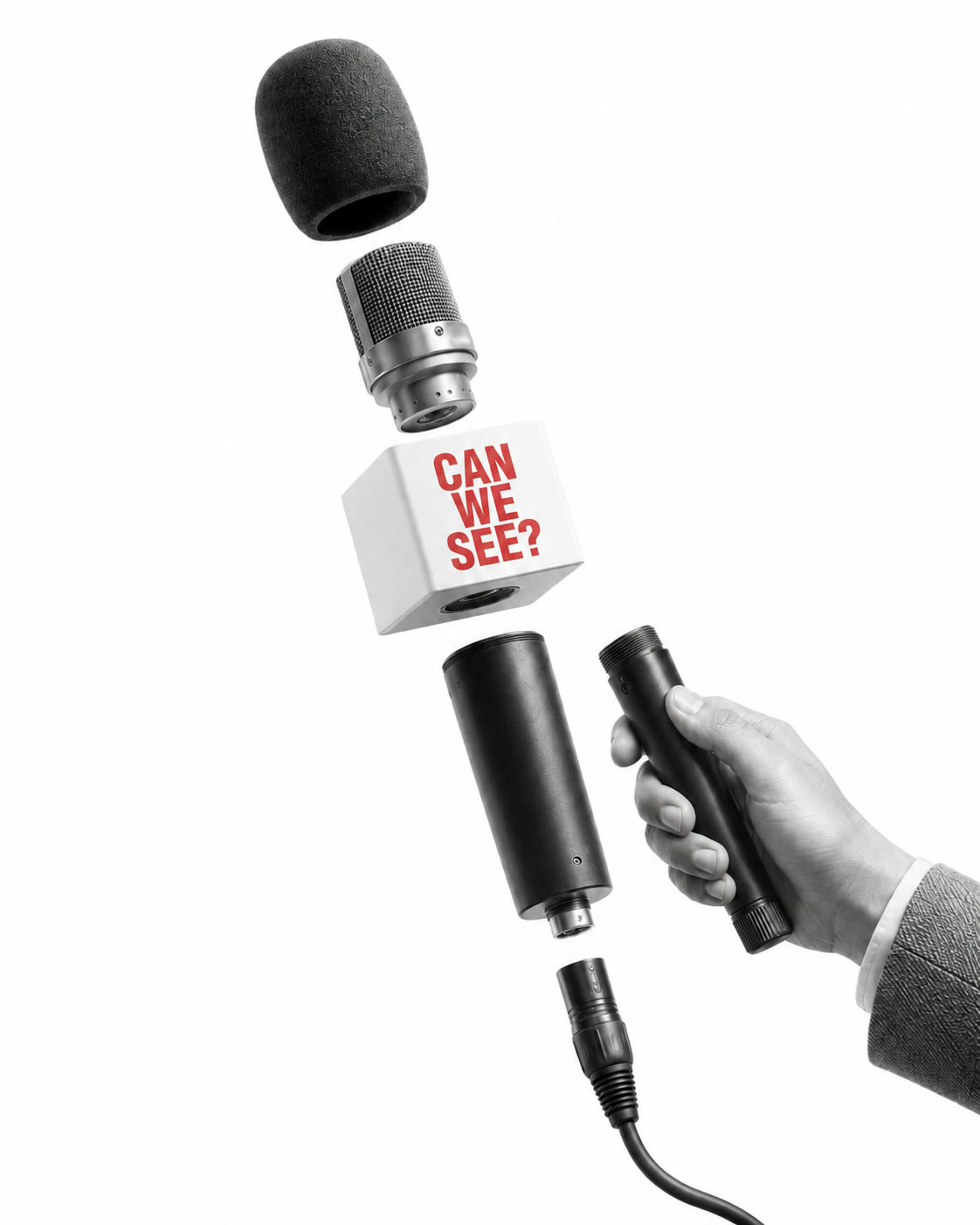 A studio microphone taken apart into floating pieces