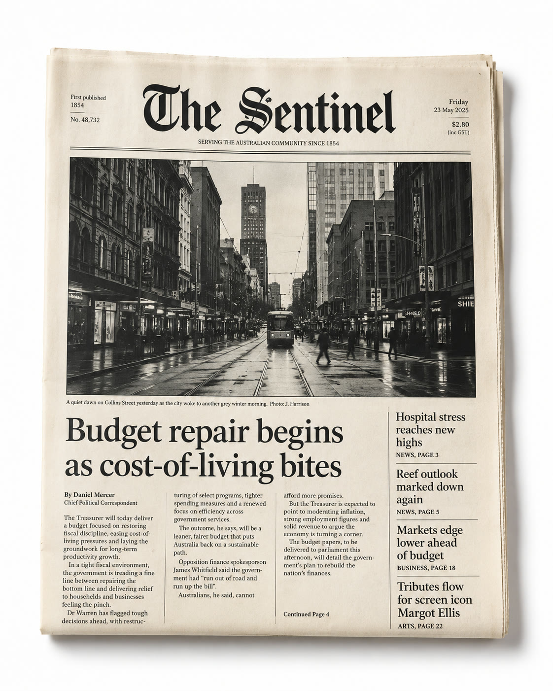 A folded broadsheet newspaper, top down