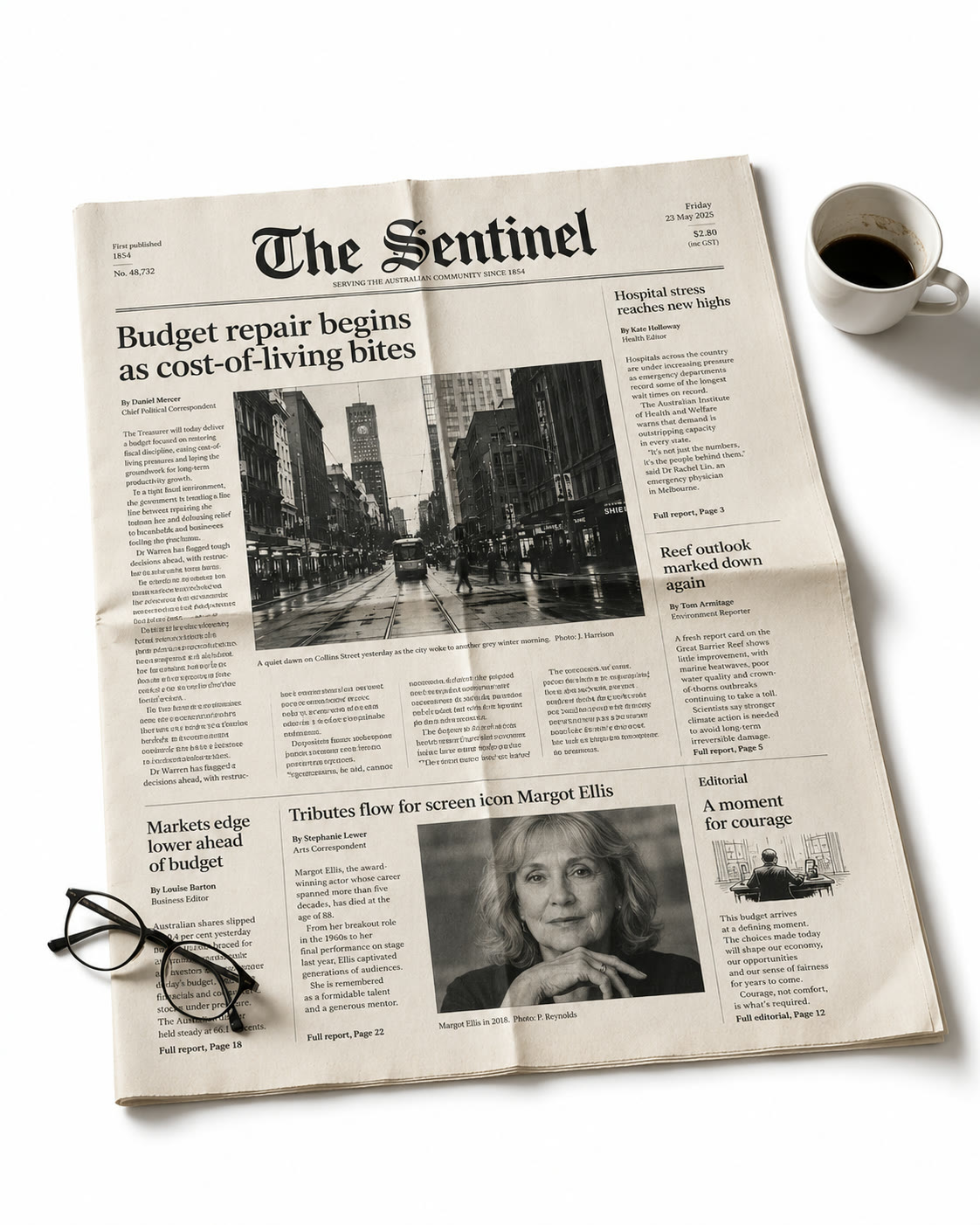 An unfolded newspaper with glasses and coffee