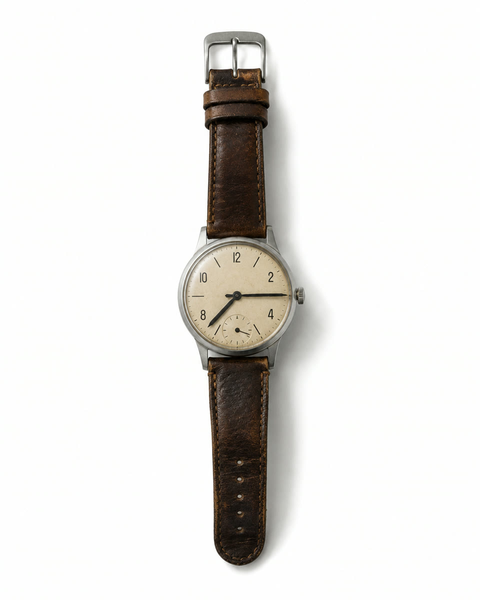 A vintage field watch with a worn leather strap