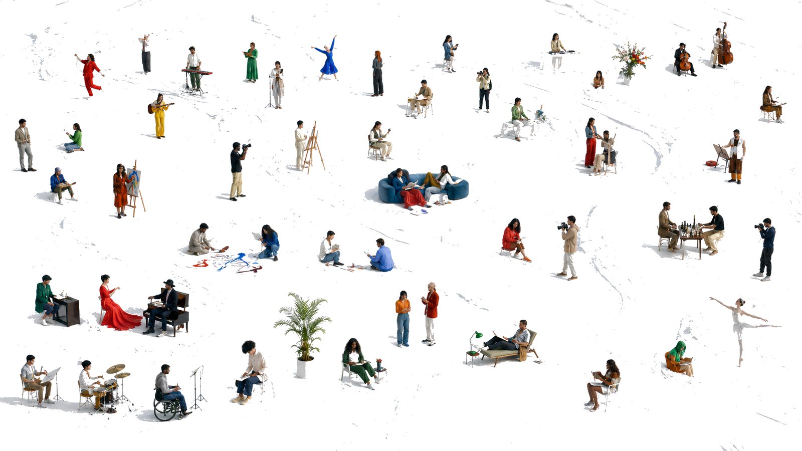 People scattered across a textured white landscape