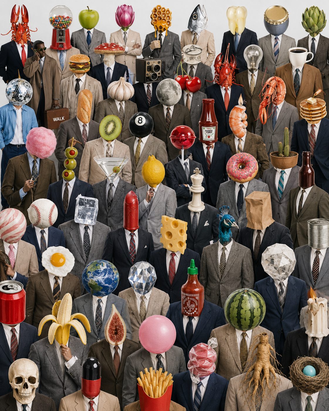 Surrealist collage of object-headed figures
