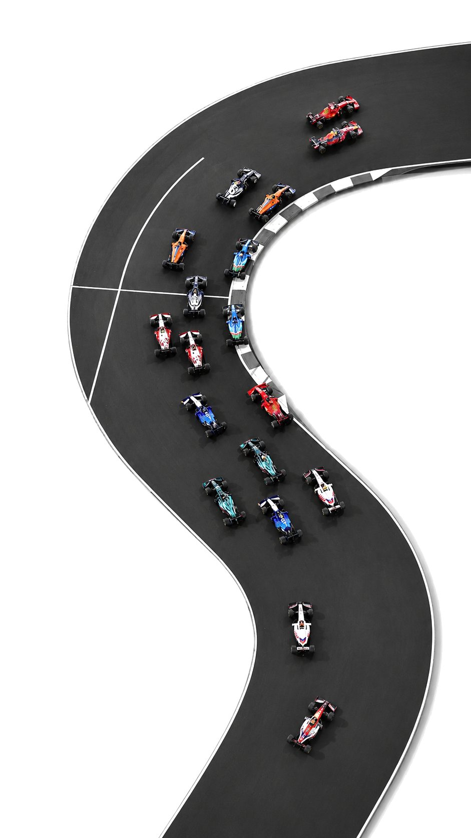 Formula 1 cars on a curved track